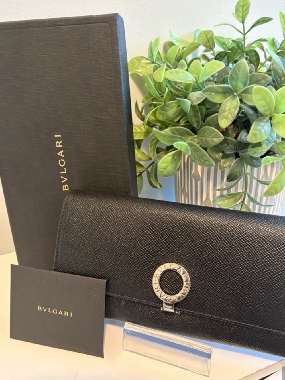 BVLGARI Black Grained Leather Continental Wallet Ring Clasp Blue Interior
